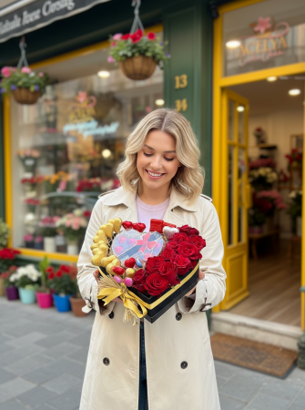 Kalp Kutu Gül & Çikolata (Gold Detay)